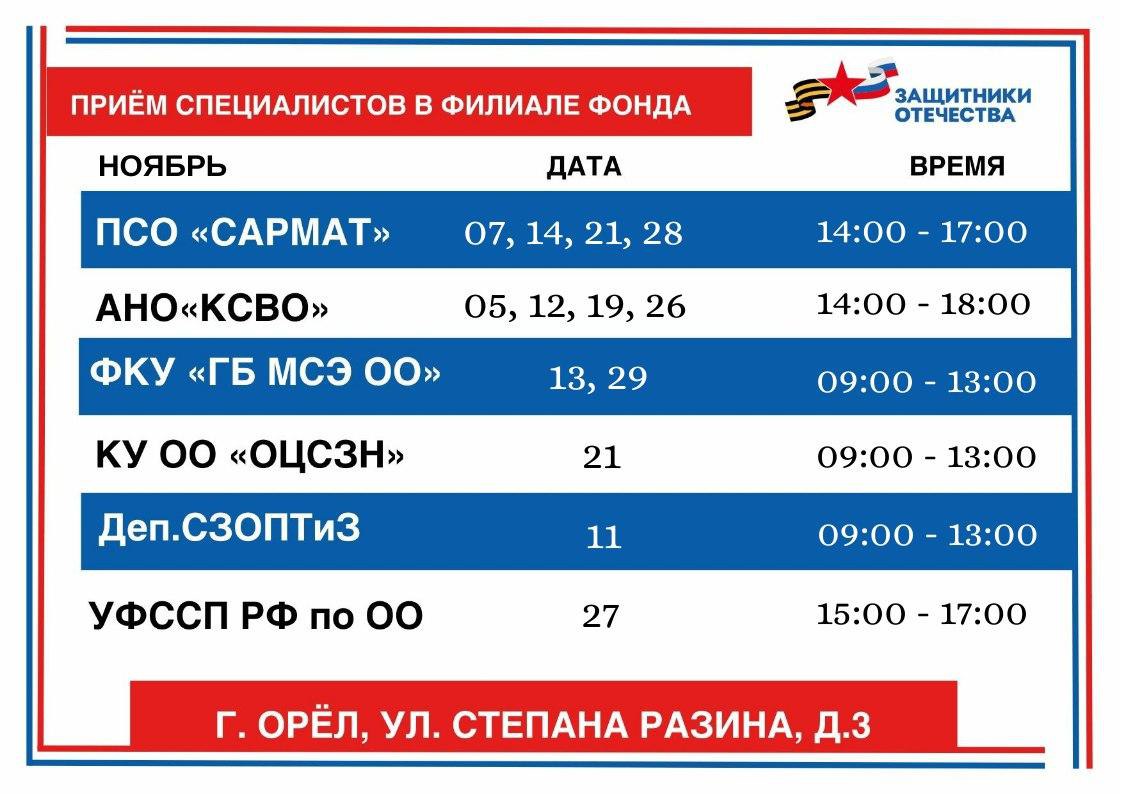 Расписание дежурств в окнах приема филиала фонда "Защитники Отечества" в Орловской области 