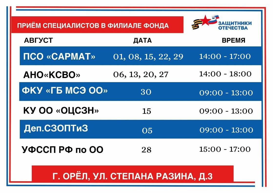 Расписание дежурств в окнах приема филиала фонда "Защитники Отечества" в Орловской области на август